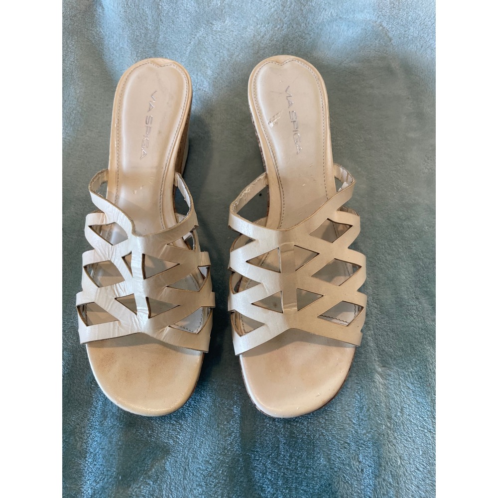 Via Spiga Cream Leather Cage Strappy Cork Wedge Sandals Womens 9.5 M